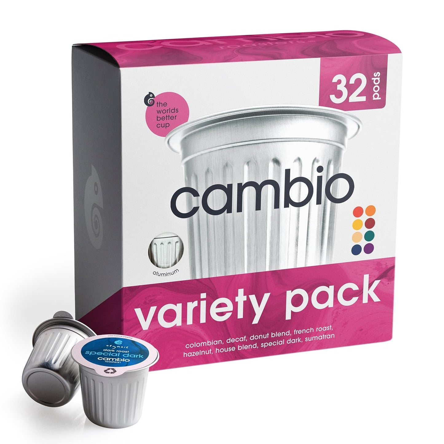 Cambio Roasters Colombian Medium Roast organic coffee pods, recyclable aluminum, Keurig compatible, 60-count, bold flavor.