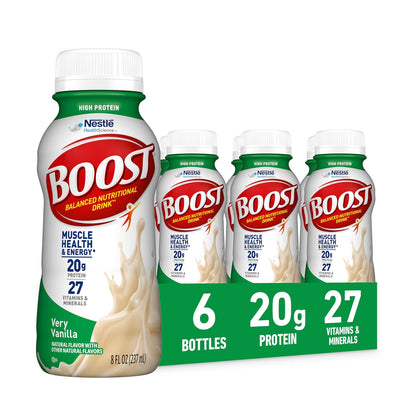 Boost Original Nutritional Drink in creamy strawberry flavor, 8 oz bottle, pack of 24, featuring a colorful bottle with strawberry imagery.