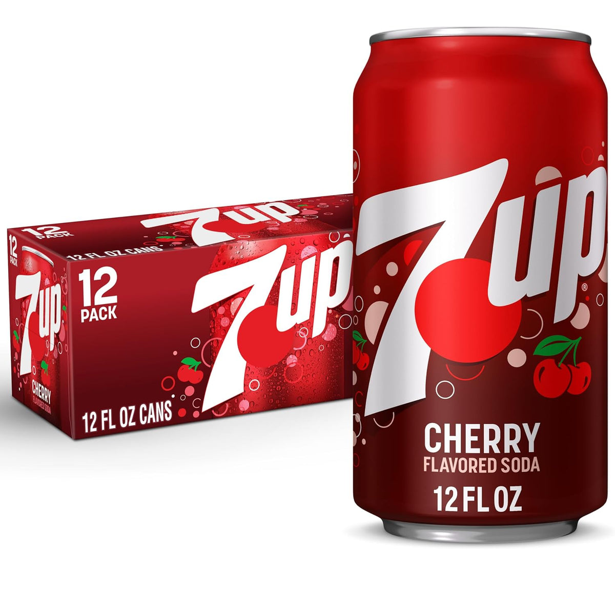 Six 12 fl oz cans of Dr Pepper 7UP Cherry Flavored Soda, showing red cherry label on classic soda cans.