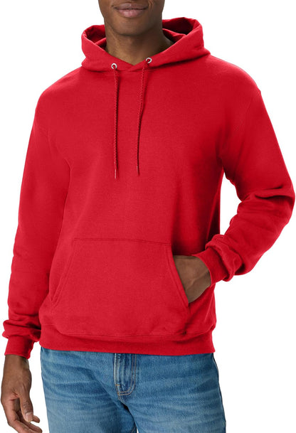 Hanes men's EcoSmart fleece hoodie with a front pocket, drawstring hood, and ribbed cuffs, available in big and tall sizes.