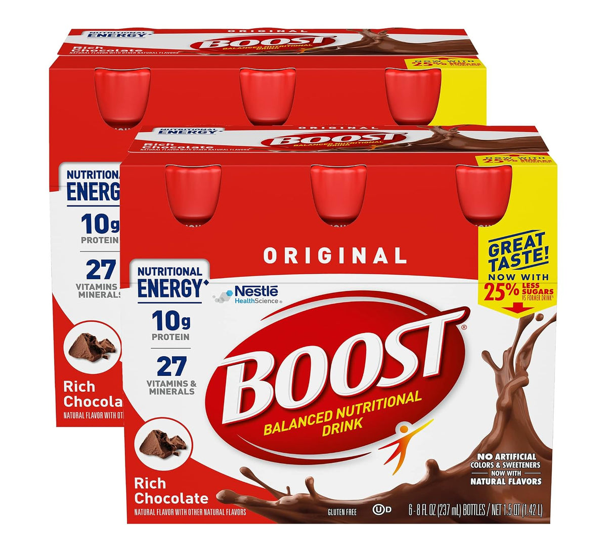 Boost Original Nutritional Drink in creamy strawberry flavor, 8 oz bottle, pack of 24, with a label and bottle cap visible.