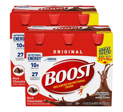 Boost Original Nutritional Drink in creamy strawberry flavor, 8 oz bottle, pack of 24, with a label and bottle cap visible.