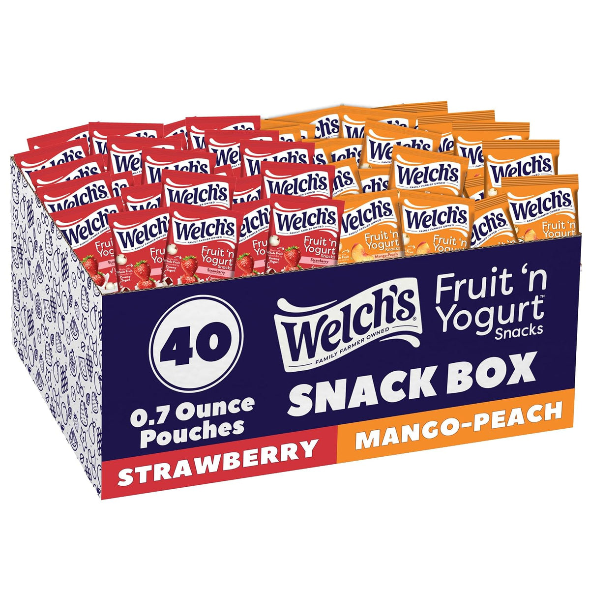 Welch's Fruit 'n Yogurt Variety Pack of fruit yogurt snacks, 0.7 oz, showing colorful snack packages.