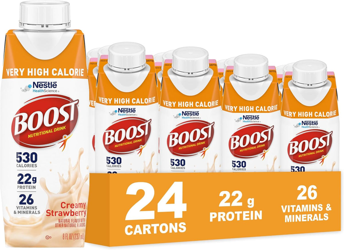 Boost Very High Calorie Nutritional Drink in Very Vanilla flavor, 8 fl oz bottles, 24-pack, with protein-rich formula.