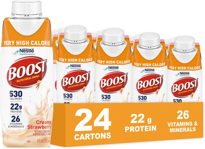 Boost Very High Calorie Nutritional Drink in Very Vanilla flavor, 8 fl oz bottles, 24-pack, with protein-rich formula.