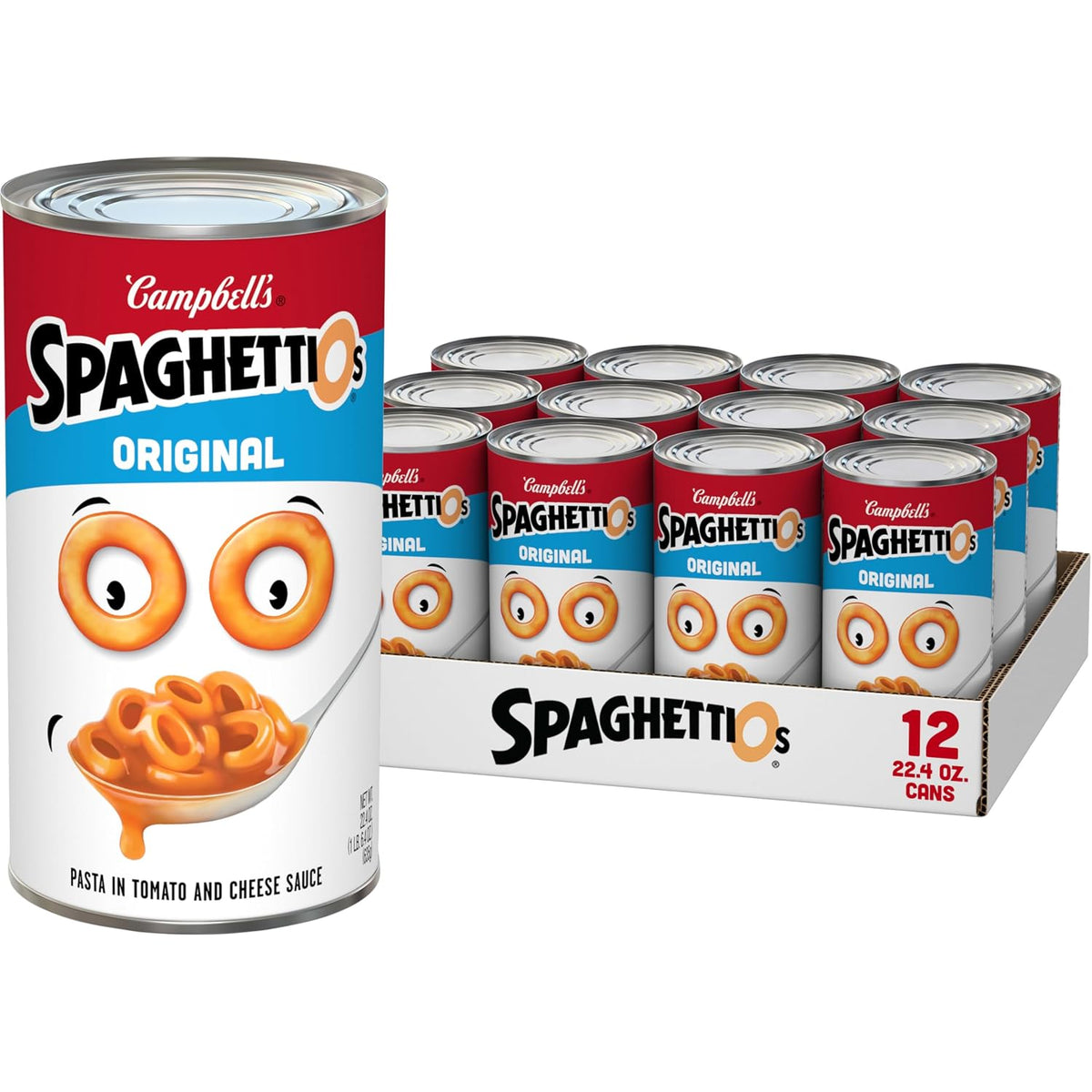 Canned SpaghettiOs Original pasta in a 22.4 oz can, packaged in a 12-pack, featuring round pasta shapes in tomato sauce.