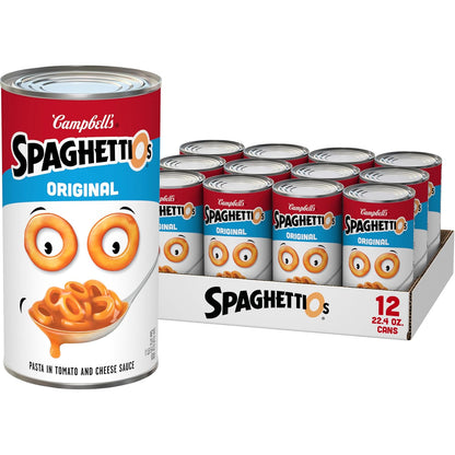 Canned SpaghettiOs Original pasta in a 22.4 oz can, packaged in a 12-pack, featuring round pasta shapes in tomato sauce.