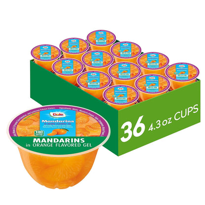 Canned Dole Mandarin Oranges in 4oz cups, 12-pack, showing bright orange slices in clear cups with labels.