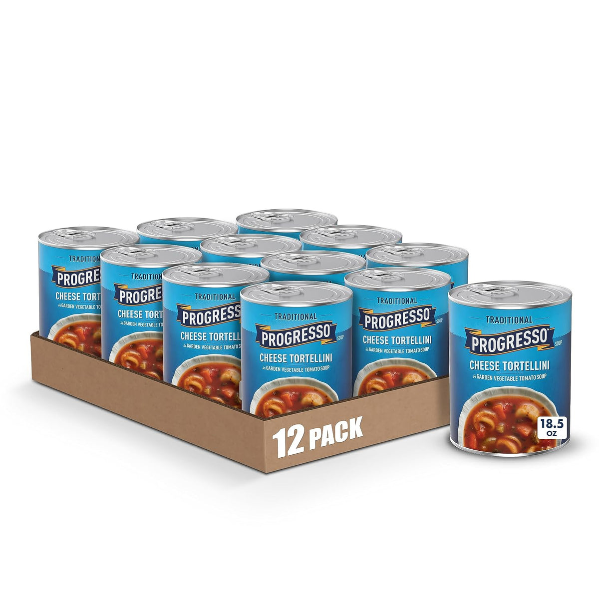 Cans of Progresso Traditional Chicken Noodle Soup, 19 oz, 4-pack, featuring labels with chicken, noodles, and vegetables.