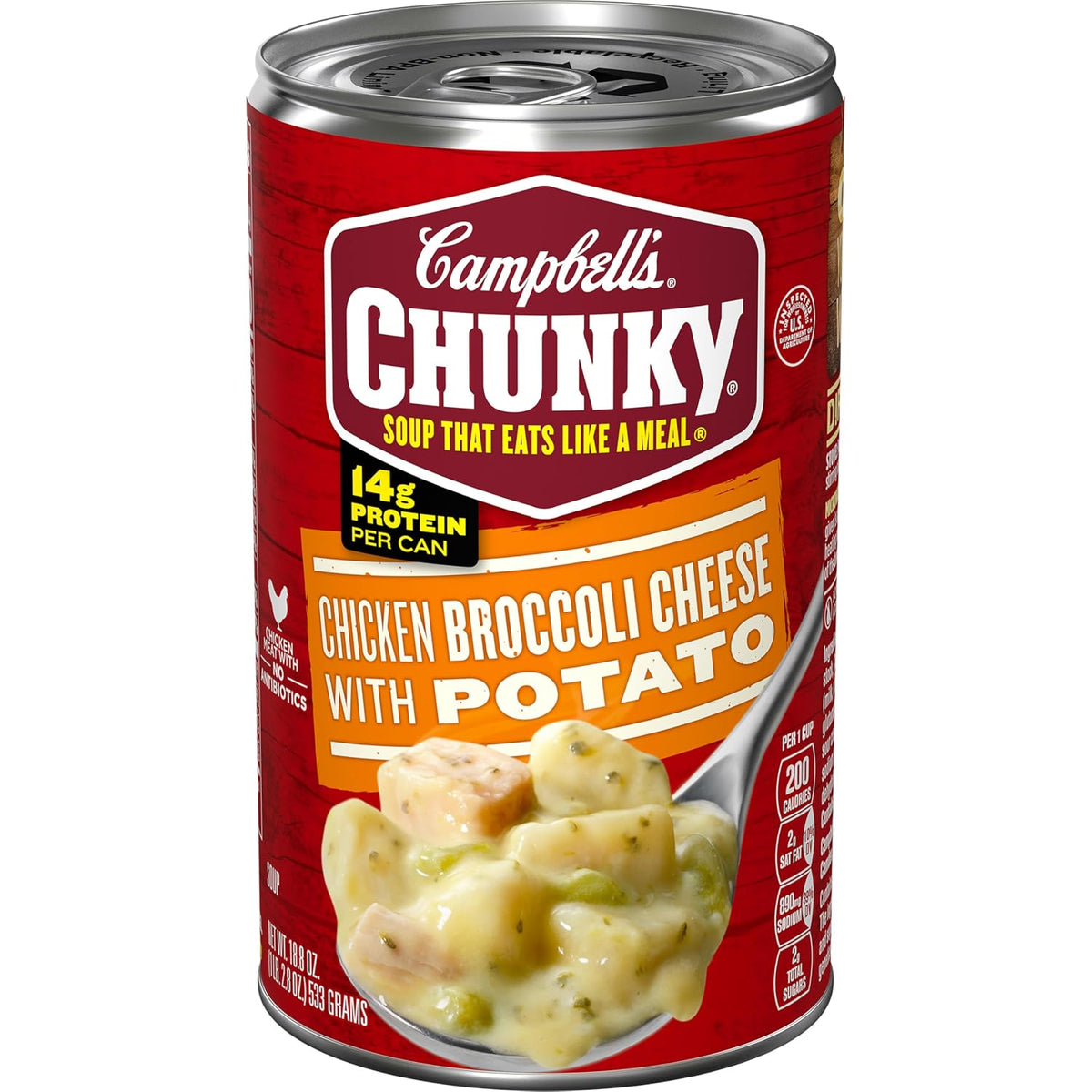 Campbell’s Chunky Chicken Broccoli Cheese Soup in an 18.8 oz can, showing creamy soup with chicken, broccoli, and cheese pieces.
