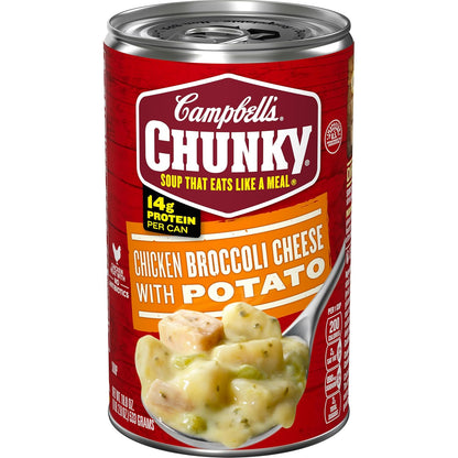 Campbell’s Chunky Chicken Broccoli Cheese Soup in an 18.8 oz can, showing creamy soup with chicken, broccoli, and cheese pieces.