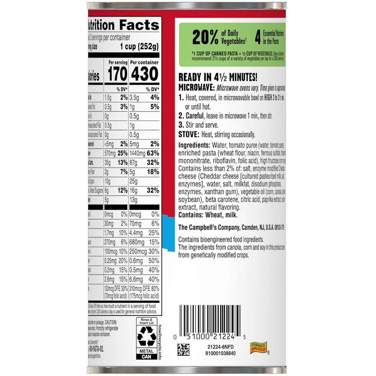 Canned SpaghettiOs Original packaged pasta in a 22.4 oz can, healthy snack option for kids and adults, shown in a pack of 12.