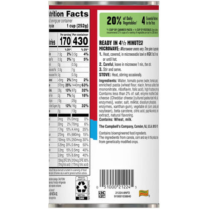 Canned SpaghettiOs Original packaged pasta in a 22.4 oz can, healthy snack option for kids and adults, shown in a pack of 12.