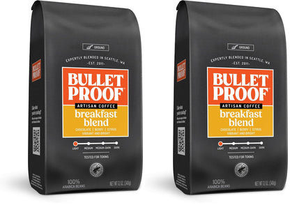Bulletproof Original Medium Roast Ground Coffee in 12 oz packs, featuring fresh, rich coffee grounds for brewing.