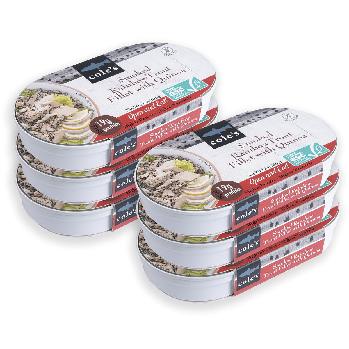 Cole’s ready to eat smoked salmon and trout meals with quinoa and vegetables in 5.6 oz cans, high-protein, hand-packed seafood.