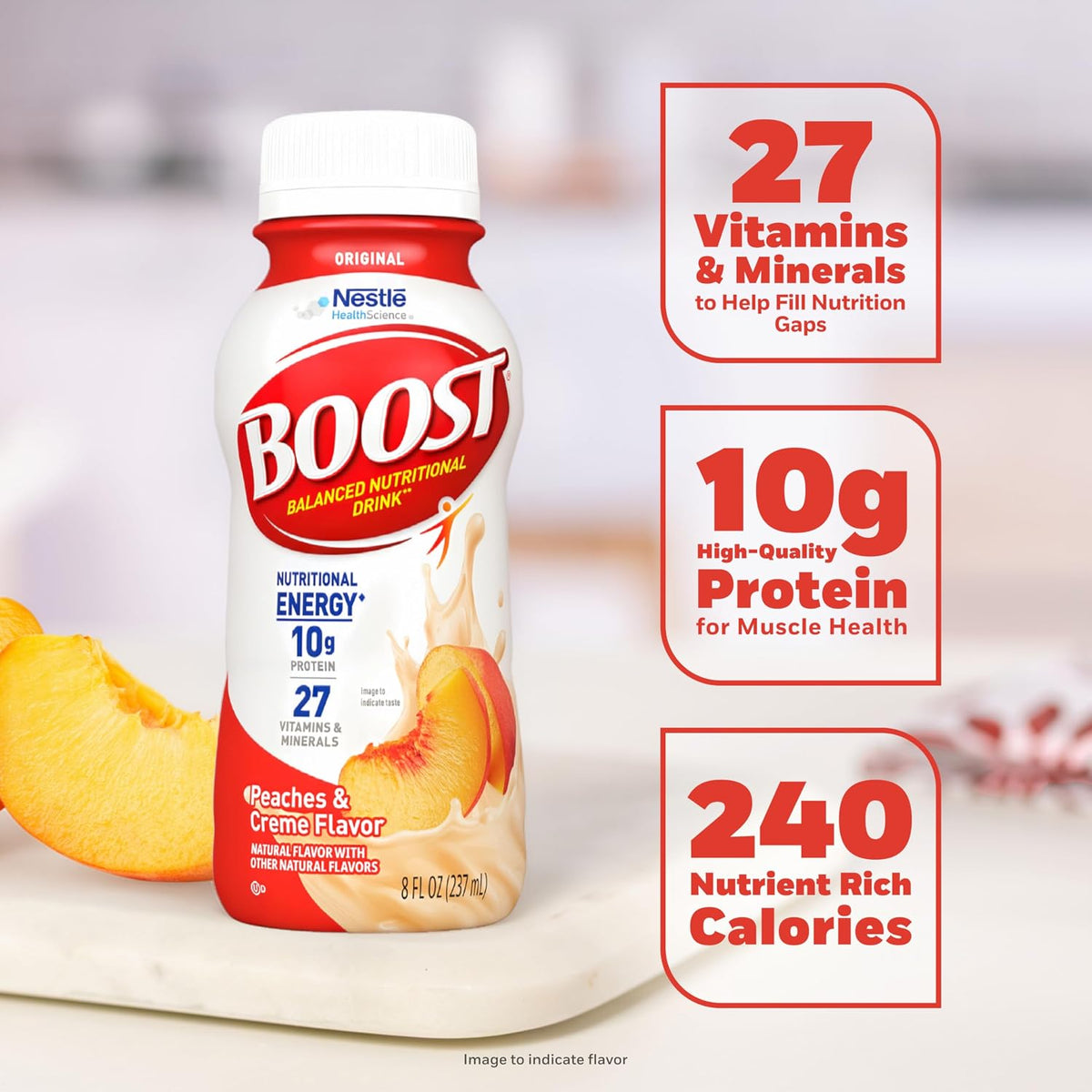 BOOST Original Nutritional Shake in Peaches & Crème flavor, ready-to-drink 24-pack, featuring creamy peach flavor and convenient packaging.
