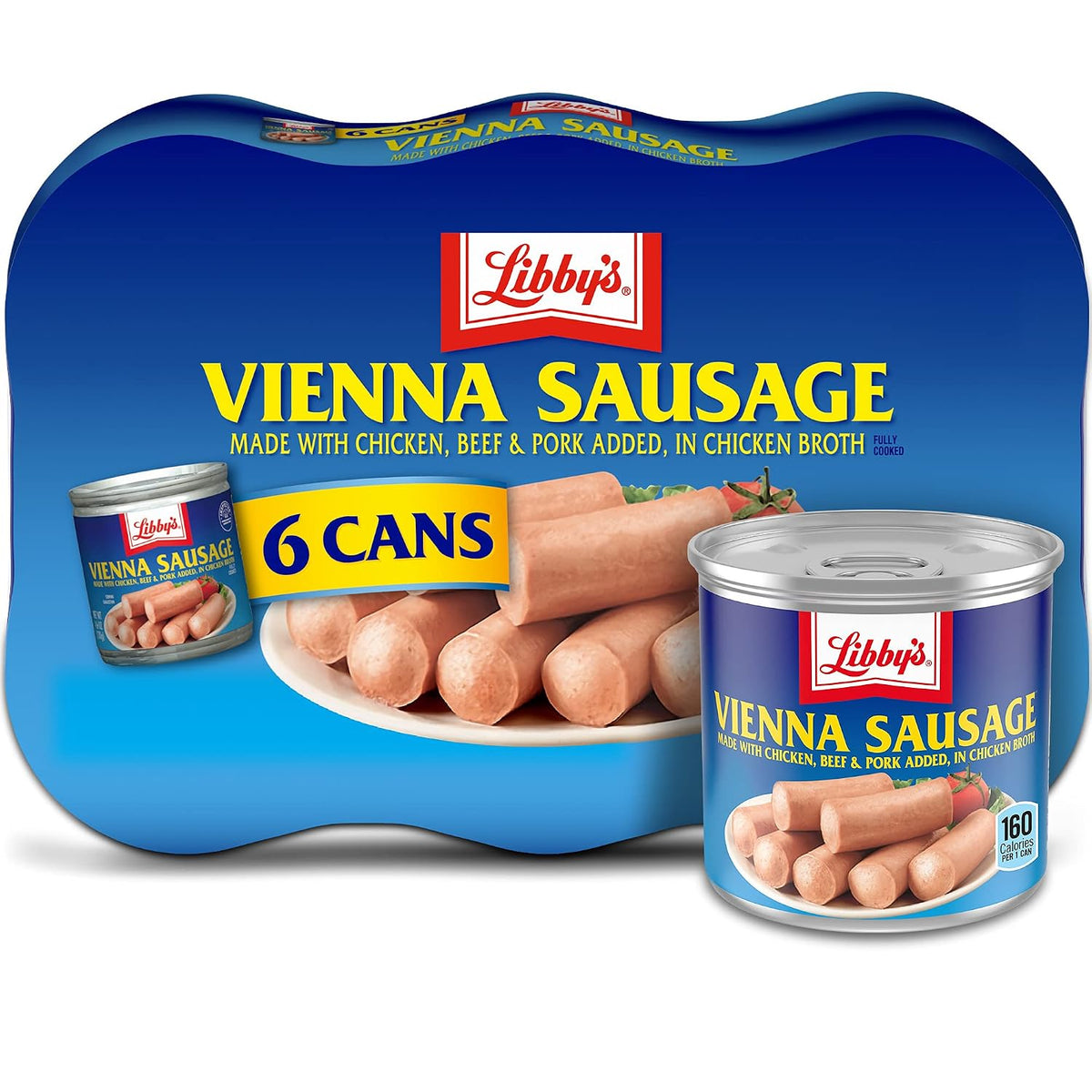 Libby's Vienna Sausage canned meat in a 4.6 oz can, ready to eat, showing six cans stacked together.