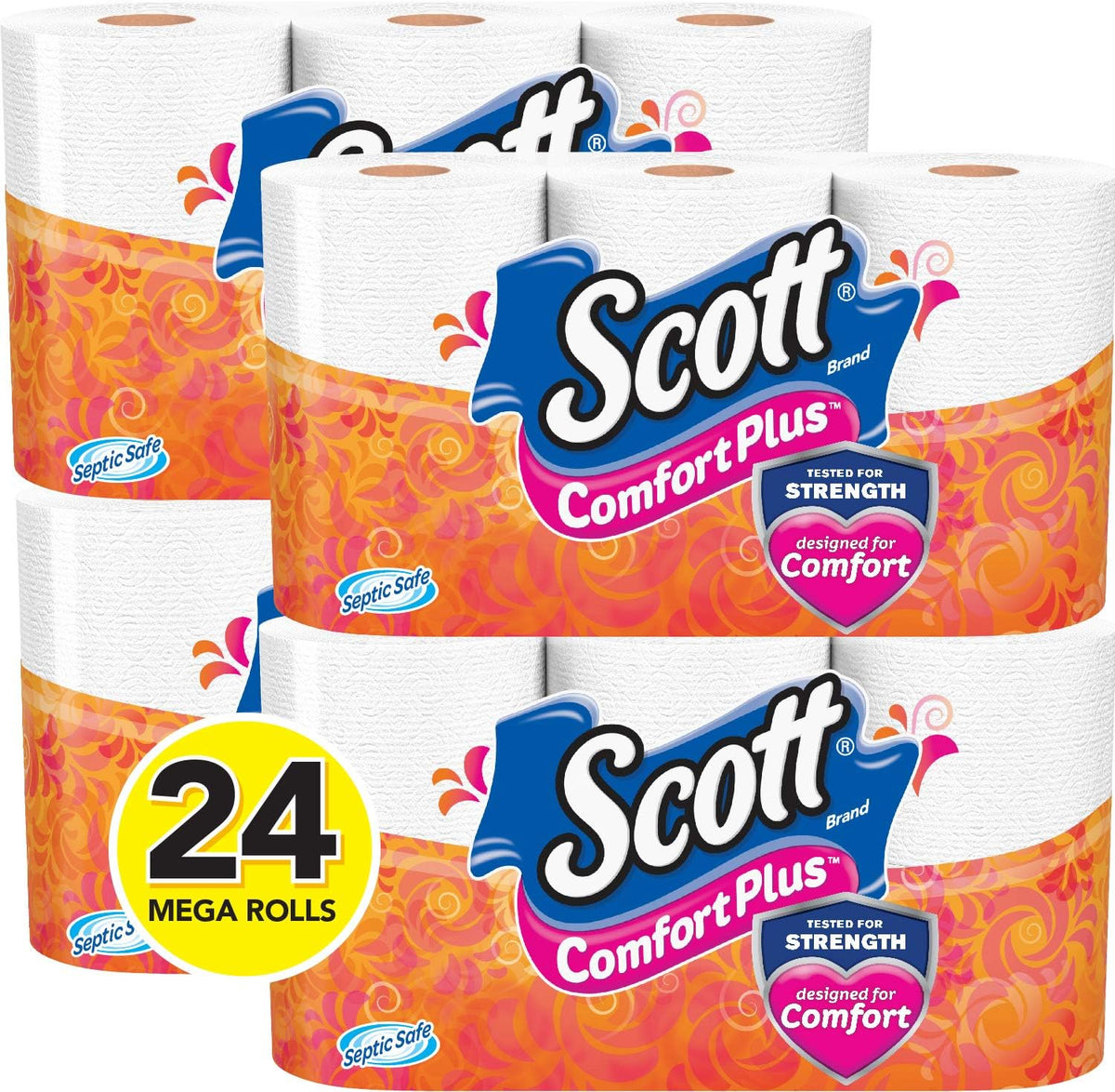 Scott ComfortPlus toilet paper, 12 triple rolls with 231 sheets each, 1-ply, septic-safe toilet tissue, visible in the image.