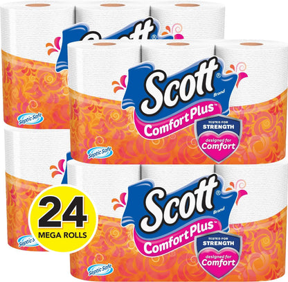 Scott ComfortPlus toilet paper, 12 triple rolls with 231 sheets each, 1-ply, septic-safe toilet tissue, visible in the image.