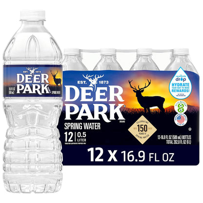 Deer Park Natural Spring Bottled Water mini 8 fl oz bottles in a 12-pack, clear plastic bottles with blue and green labels.