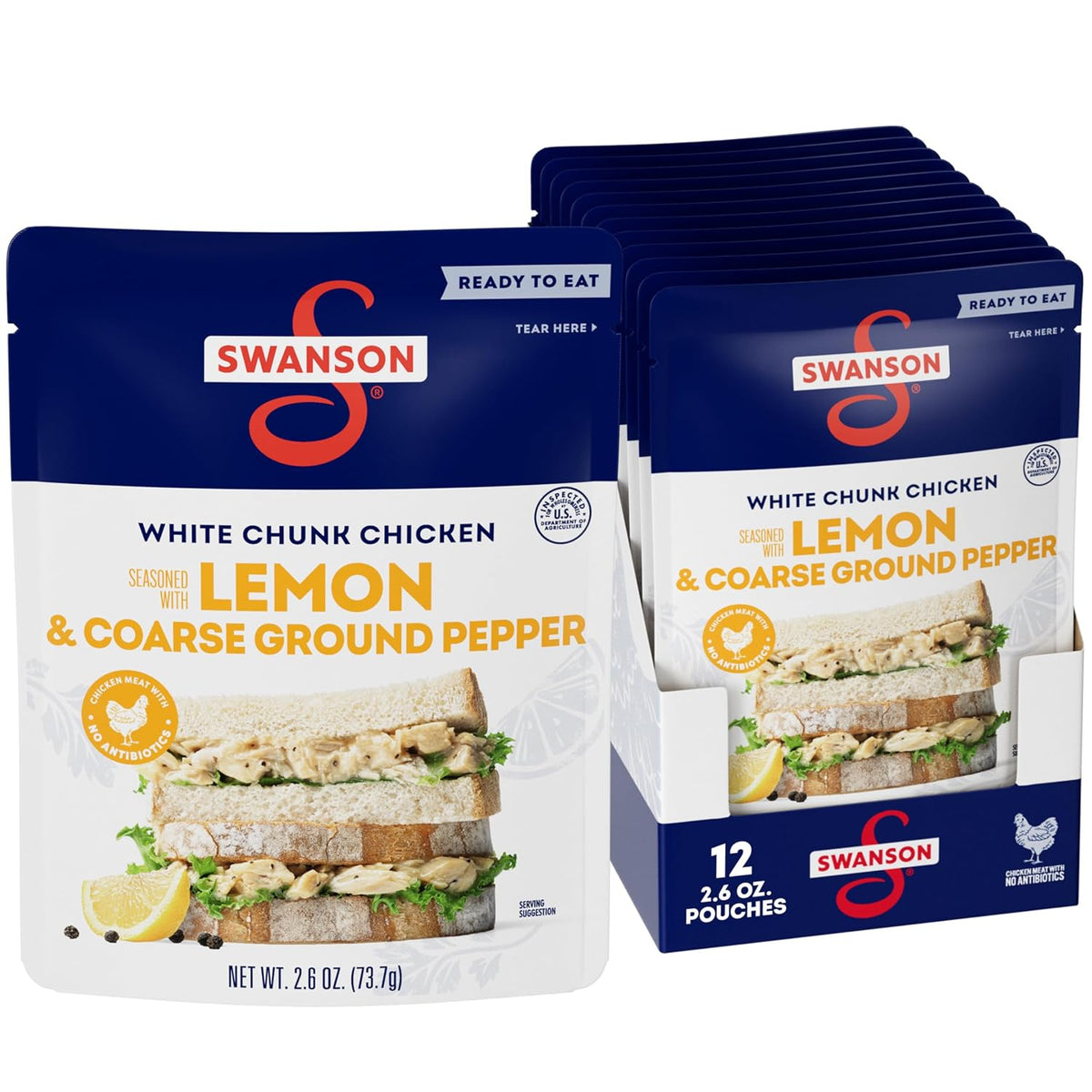 Canned Swanson White Premium Chunk Chicken in Water, 4 cans of 2.4 oz each, stacked with labels visible in the image.