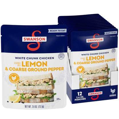Canned Swanson White Premium Chunk Chicken in Water, 4 cans of 2.4 oz each, stacked with labels visible in the image.