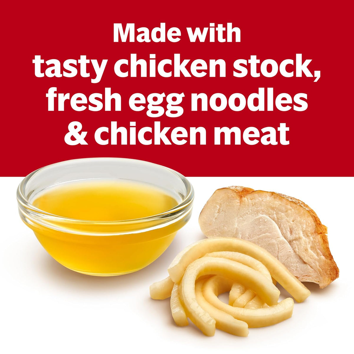 Four 10.75 oz cans of Campbell's Condensed Chicken Noodle Soup arranged in a pack.