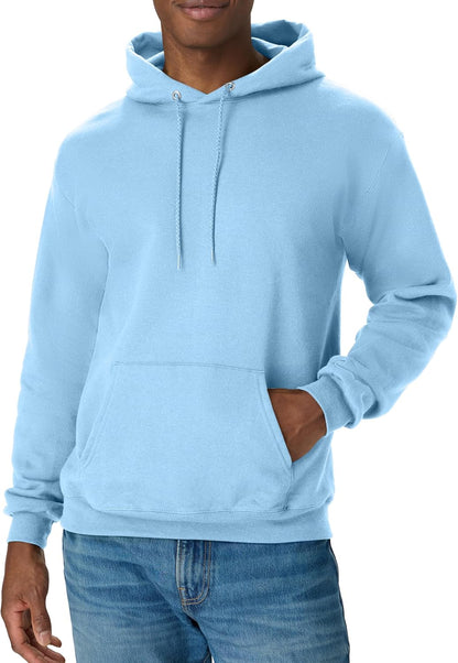 Hanes men's EcoSmart fleece hoodie with a front pocket, hood, and ribbed cuffs, available in big and tall sizes.