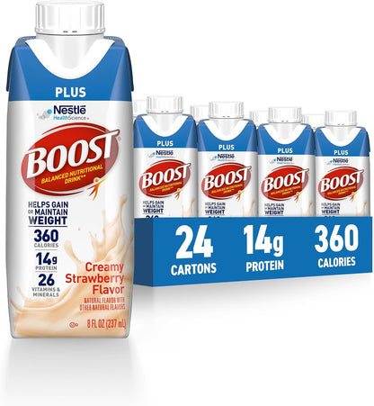 BOOST Plus Ready to Drink Nutritional Protein Drink in Rich Chocolate, 24-pack, showing bottles with chocolate flavor and branding.