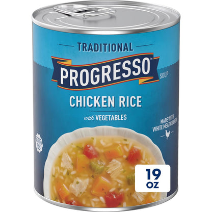 Cans of Progresso Traditional Chicken Noodle Soup, 19 oz, four-pack, featuring label with chicken and noodle imagery