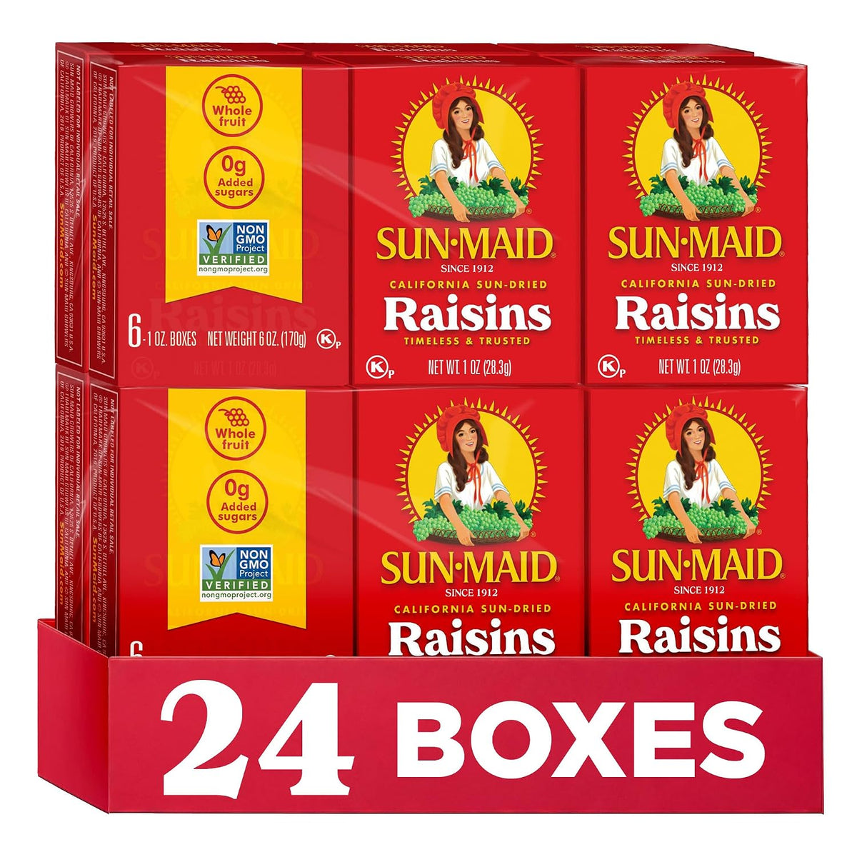 Sun-Maid dried fruit bundle with California sun-dried raisins and mixed berries including cranberries, cherries, and blueberries in resealable bags.
