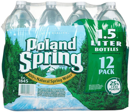 Poland Spring half pint natural spring water bottles in a 12-pack, showing clear bottles with water and labels.