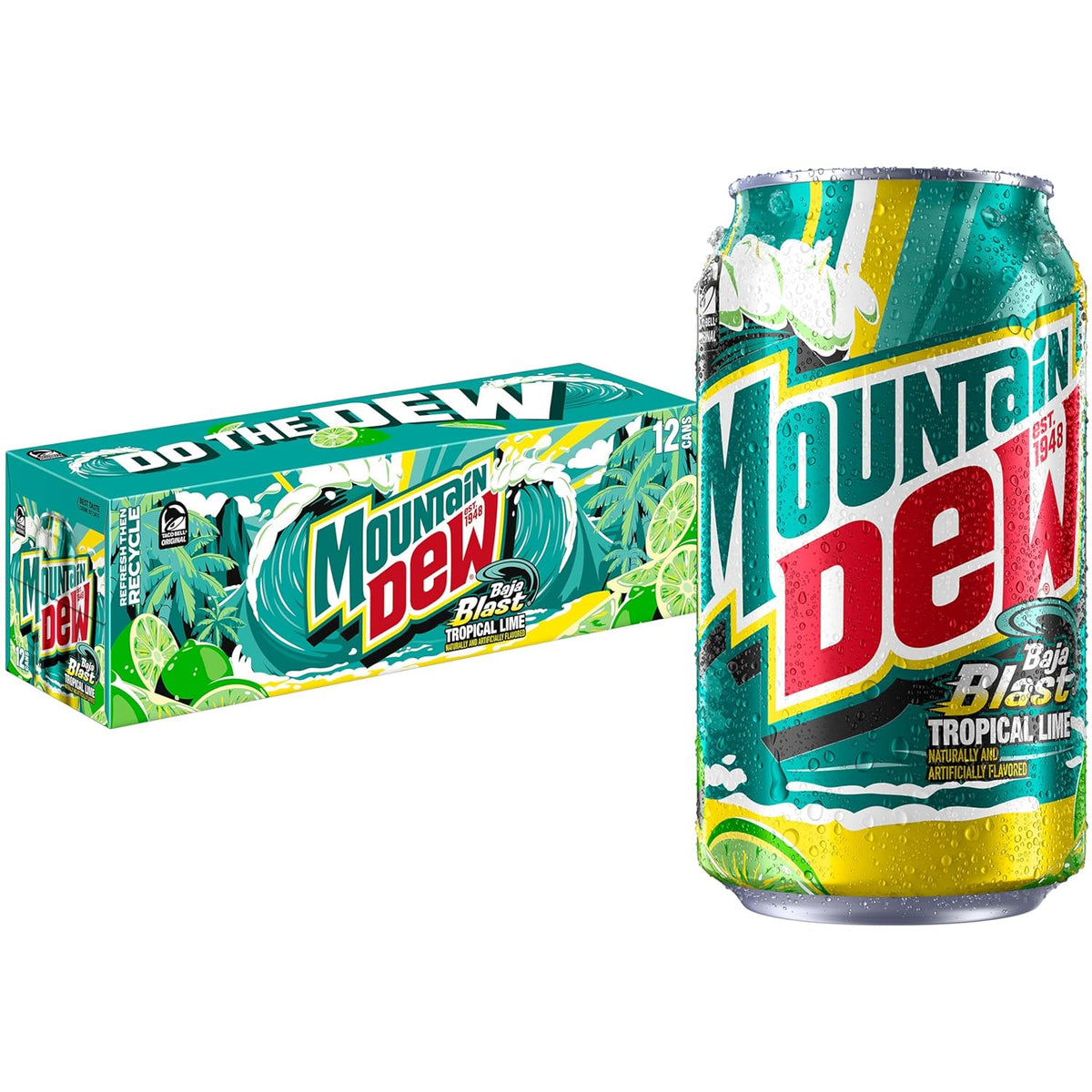 12-pack of Mountain Dew Dirty Dew soft drinks in 12oz cans, featuring full sugar formula and bold Mountain Dew branding.