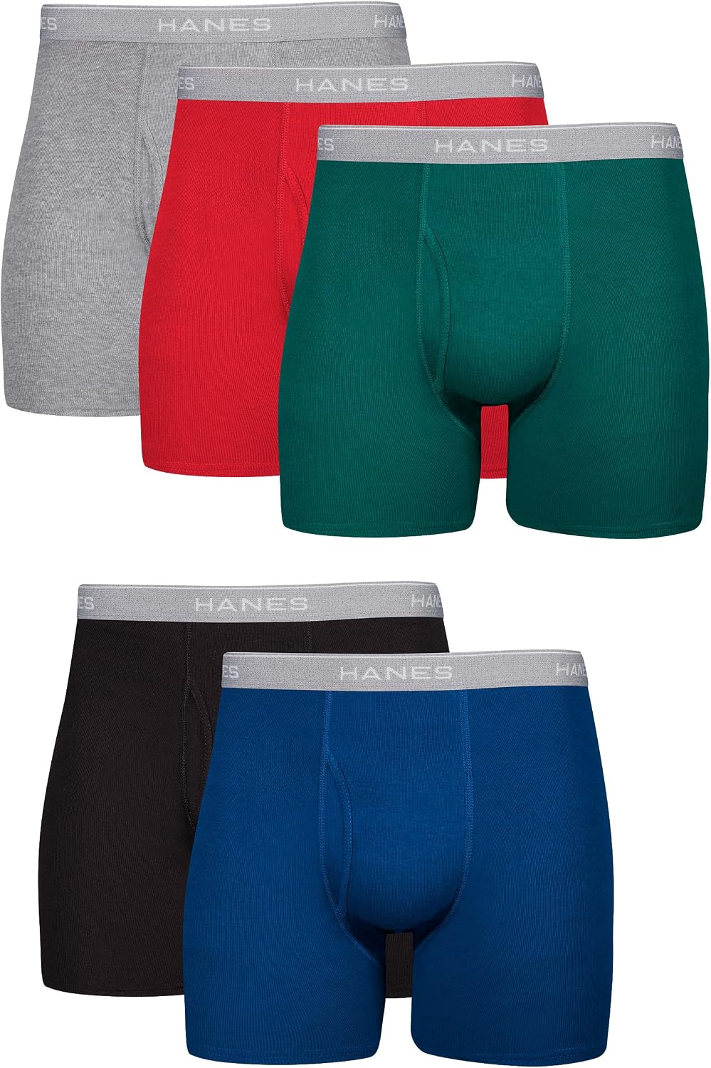 Hanes men's boxer briefs pack showing cool, breathable cotton moisture-wicking underwear designed for comfort and no ride-up fit.