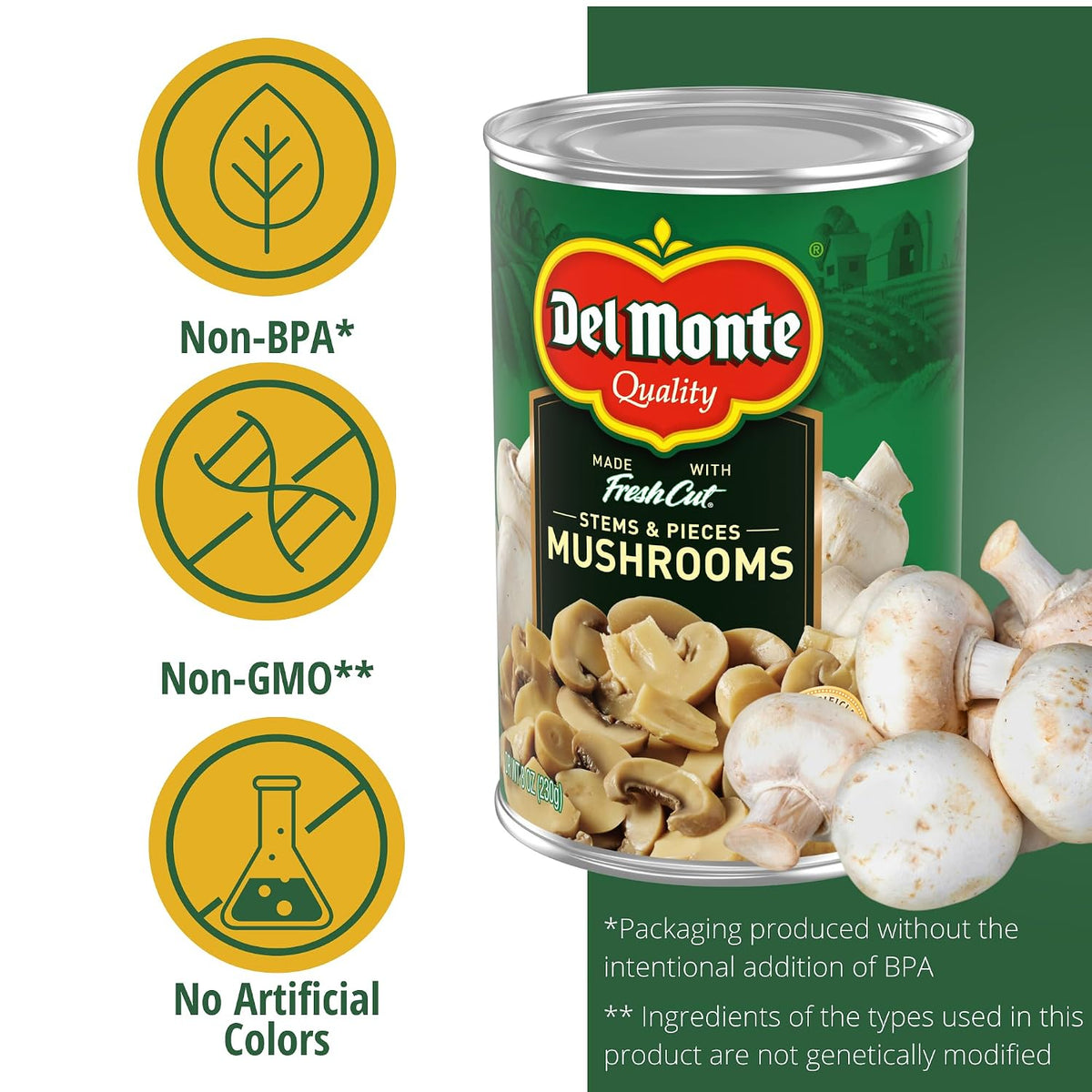 Canned Del Monte mushrooms stems and pieces in an 8 oz. can, shown in a 12-pack display with labels and metal lids