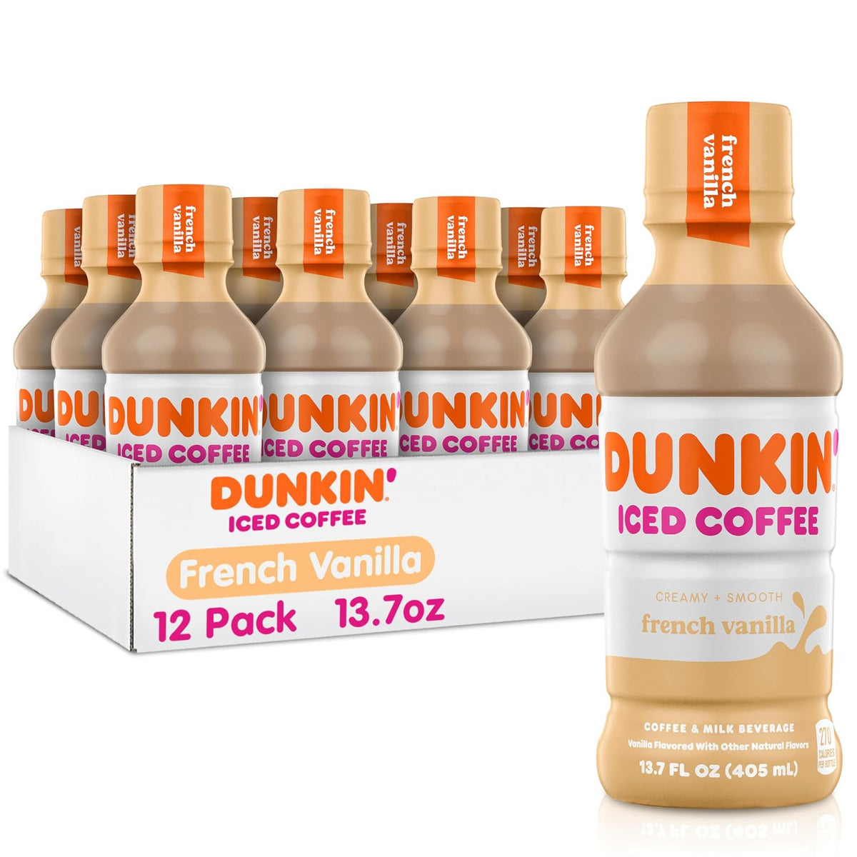 Dunkin' Mocha Iced Coffee in 13.7 fl oz bottles, pack of 12, with a dark chocolate mocha flavor and cold beverage appearance.