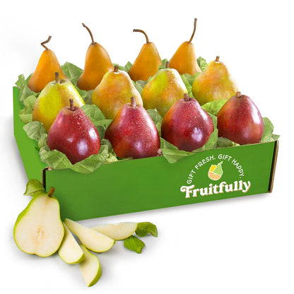A gift inside fruit gift basket with fresh Comice, Bosc, and Crimson Red pears in a wooden crate, perfect for gifting.