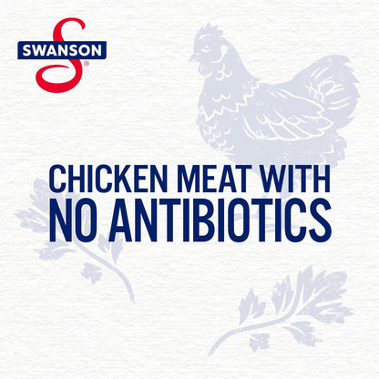 Canned Swanson White Premium Chunk Chicken in Water, 4 cans of 2.4 oz each, with labeled cans stacked in a row.