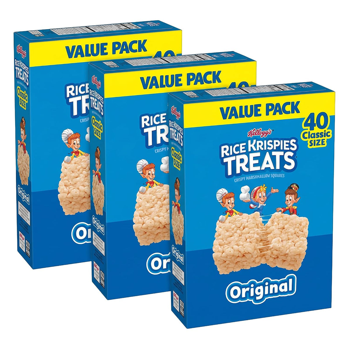 Rice Krispies Treats cereal bars with marshmallow squares, original flavor, 12.4oz box with 16 snack bars.