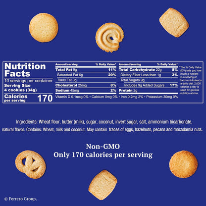 Royal Dansk Danish butter cookies in a 12 oz tin, assorted snacks made with real butter, golden and flaky in appearance.