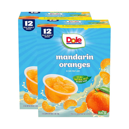 Canned Dole Mandarin Oranges in 4oz cups, showing bright orange segments in clear cups, ready to eat.