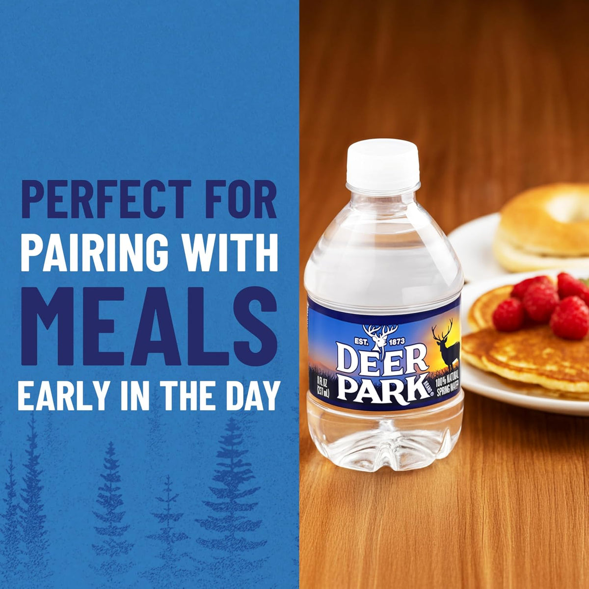 Deer Park natural spring bottled water, 8 fl oz mini bottles, 12-pack, clear plastic bottles with blue caps and Deer Park label
