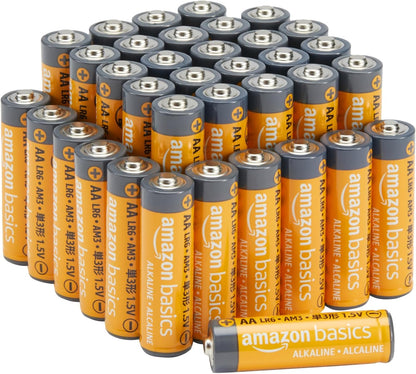 Amazon Basics 48-pack AA alkaline batteries, 1.5V, long-lasting with 10-year shelf life and no leakage, on a white background.