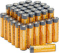Amazon Basics 48-pack AA alkaline batteries, 1.5V, long-lasting with 10-year shelf life and no leakage, on a white background.