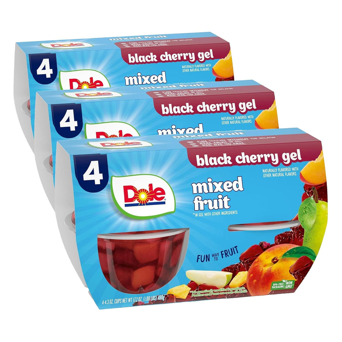 Dole Fruit Bowls Peaches, 4.3oz fruit snack cups, showing peeled peach slices in a clear cup with a foil lid.