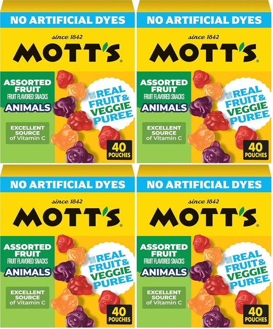 Assorted Mott's fruit snacks with animal shapes and real fruit puree in a colorful package, 40-count box.