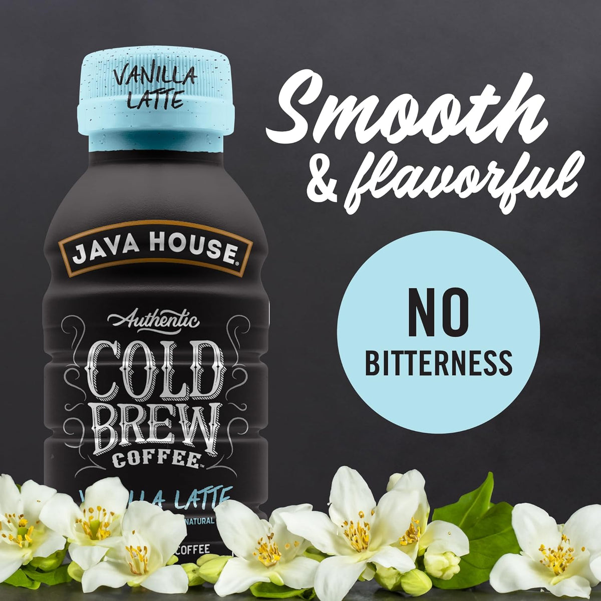 Java House Cold Brew 8oz bottles with French Vanilla Latte flavor, showing the bottled beverage with vanilla and coffee elements.