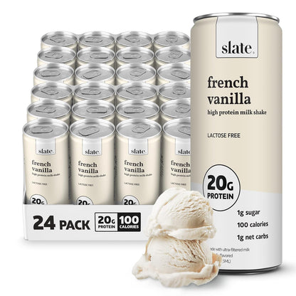 Slate Milk high protein milk shakes and iced coffees in chocolate, mocha, vanilla flavors, lactose-free, 20g protein, 11 fl oz cans