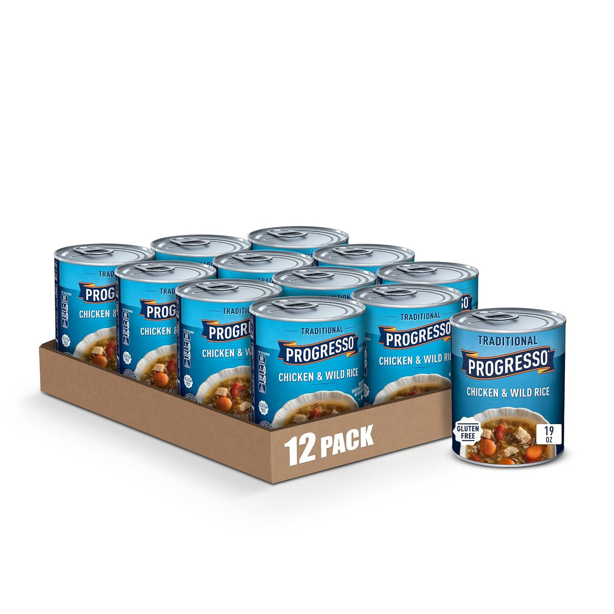 Canned Progresso Traditional Chicken Noodle Soup in a 19 oz, 4-pack, featuring a bowl with noodles, chicken, and vegetables.