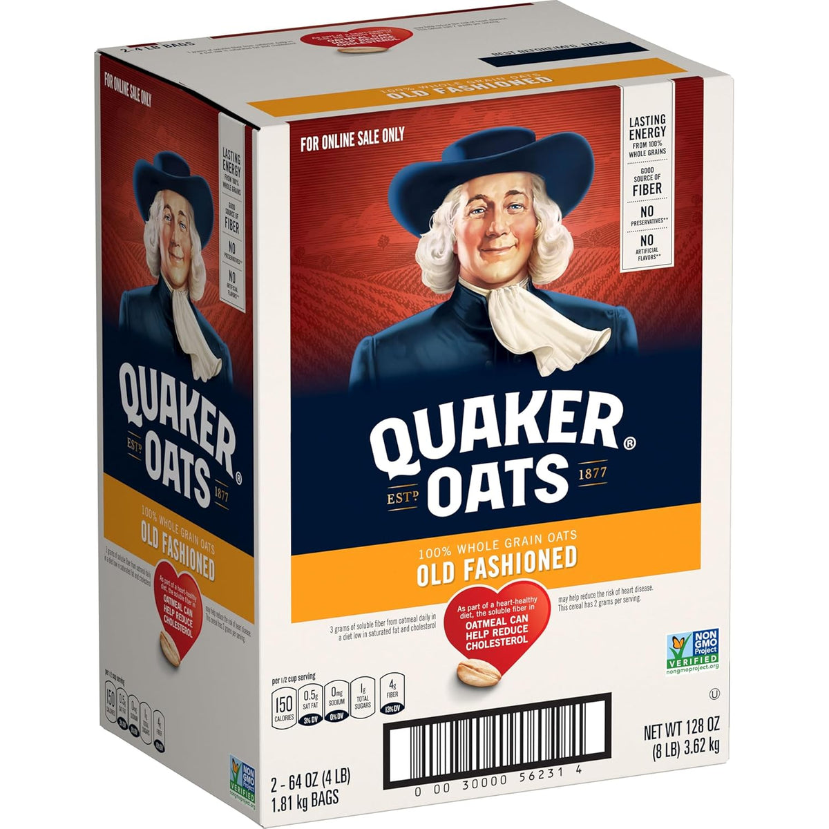 Quaker Old Fashioned Rolled Oats in two 64oz bags, non-GMO verified, ideal for breakfast and baking.